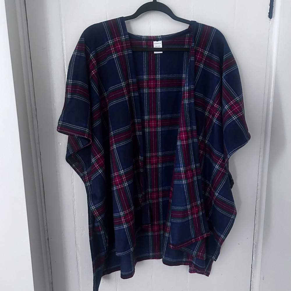 Liz Claiborne Plaid Poncho Navy Blue Burgundy Soft Fleece Open Front One Size